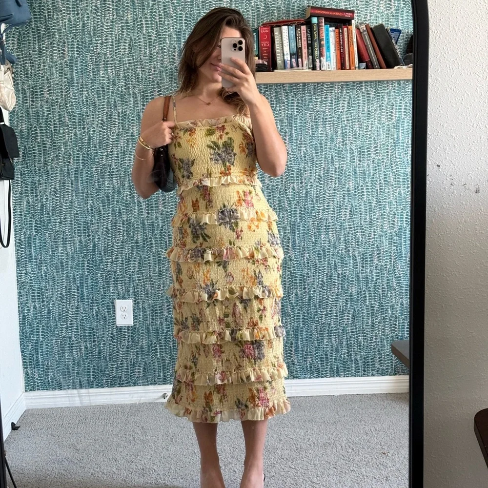 Let me Be Anthropologie Yellow Floral Ruffled Midi Dress - Picture 3 of 6